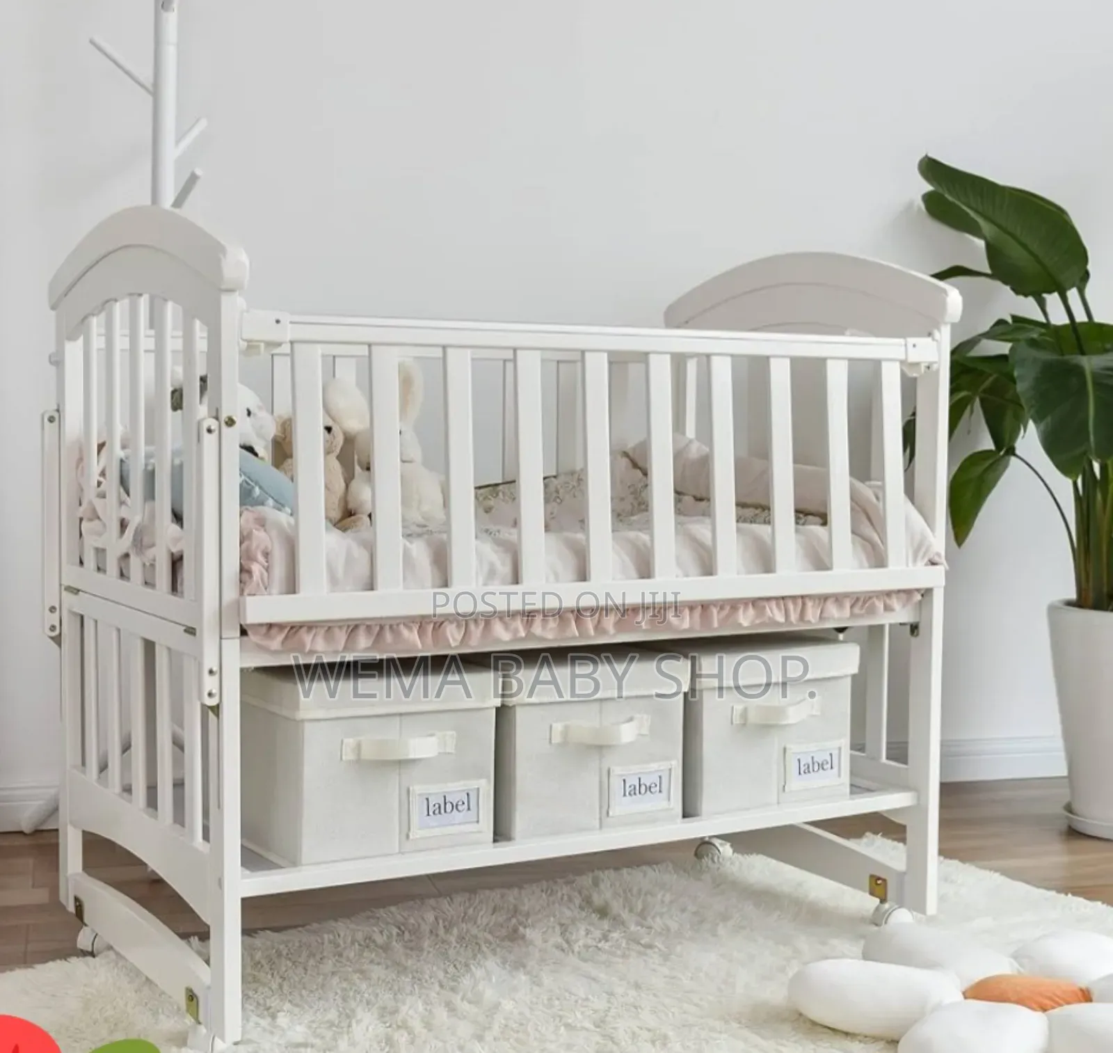 Wheeled Baby Crib/Cot With Mattress+Braided Bumpers+Stand M/Net