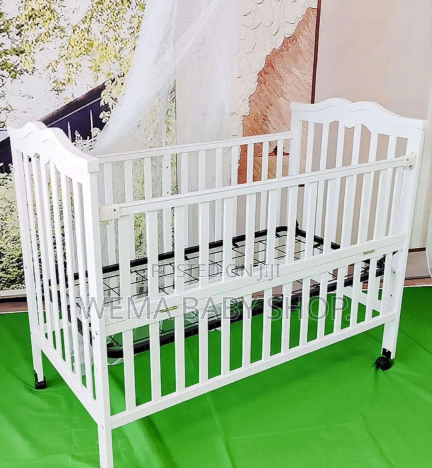 Wheeled Baby Crib/Cot With Mattress+Braided Bumpers+Stand M/Net