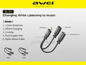 Awei CL-73 iPhone Lightning Male To 3.5mm Adapter, Charge & Music