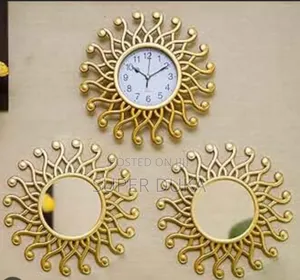 Wall Clock .A Metalic Wall Clock Decor With 2 Mirrors.