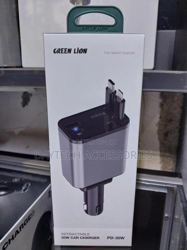 Green Lion Retractable Cable 50w Car Charger Pd-30w - Black