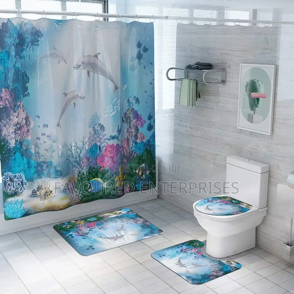 3d 4in1 Bathroom Woolen Mats Witha Waterproofshower Curtain