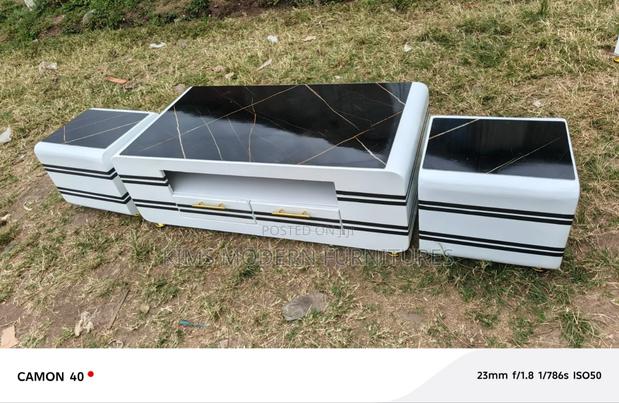 Coffee Table With Drawers and 2 Stools Marble Top Black - main view