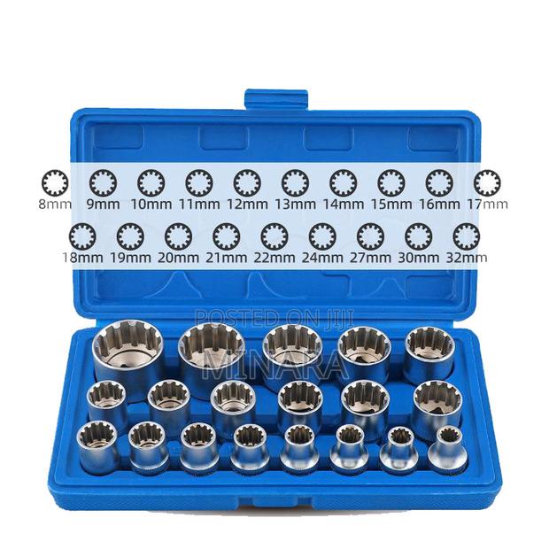 19 Pcs, Multi Spline Sockets, 12 Point Sockets, (No. 8-32)