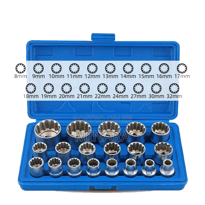 19 Pcs, Multi Spline Sockets, 12 Point Sockets, (No. 8-32)