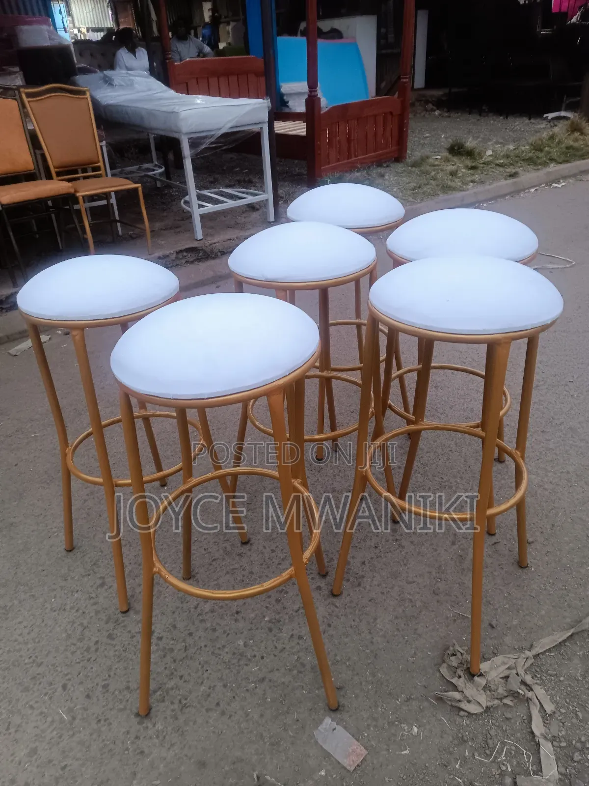 Backless High Stools, White and Gold