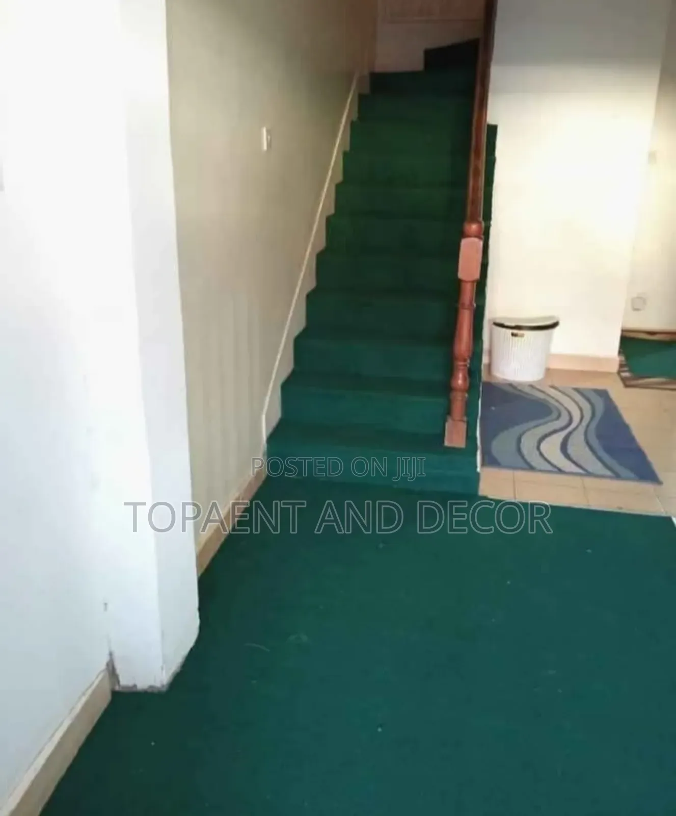 Complete Staircase of Stylish Dark Green Wall to Wall Carpet