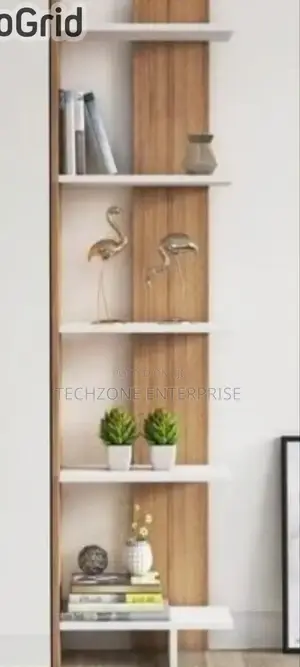 *Sly Corner Bookshelf Décor Stand Teak and White, 5 Shelves,