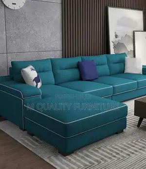Blue 6 Seater L Shaped Sofa With White Lines of Decoration O