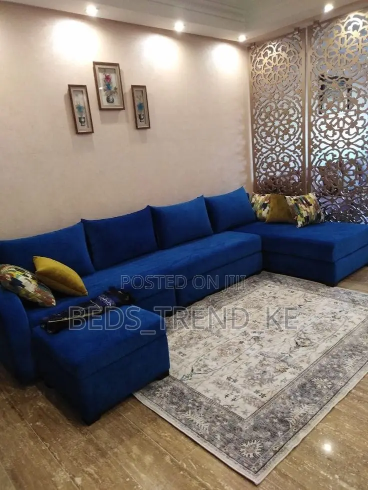 Blue Elegant 6 Seater L Seat With a Puff and Throw Pillows
