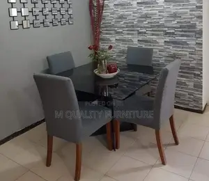 4 Seater Dining Set With Black Tempered Glass Table Top