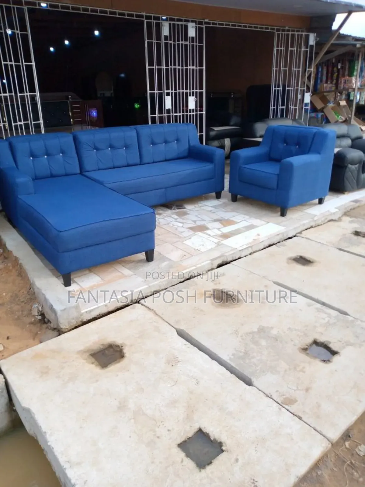 5 Seater Blue L-Shaped Sofa + Armchair - Pay on Delivery