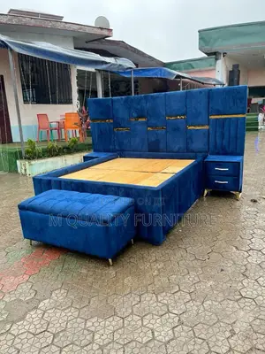 Blue 5 by 6 Extended Bed With Side Drawers and Ottoman