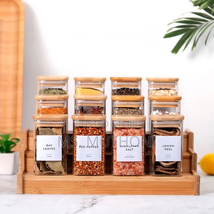 12pcs Borosilicate Air Tight Spice Jars + Bamboo Stand
