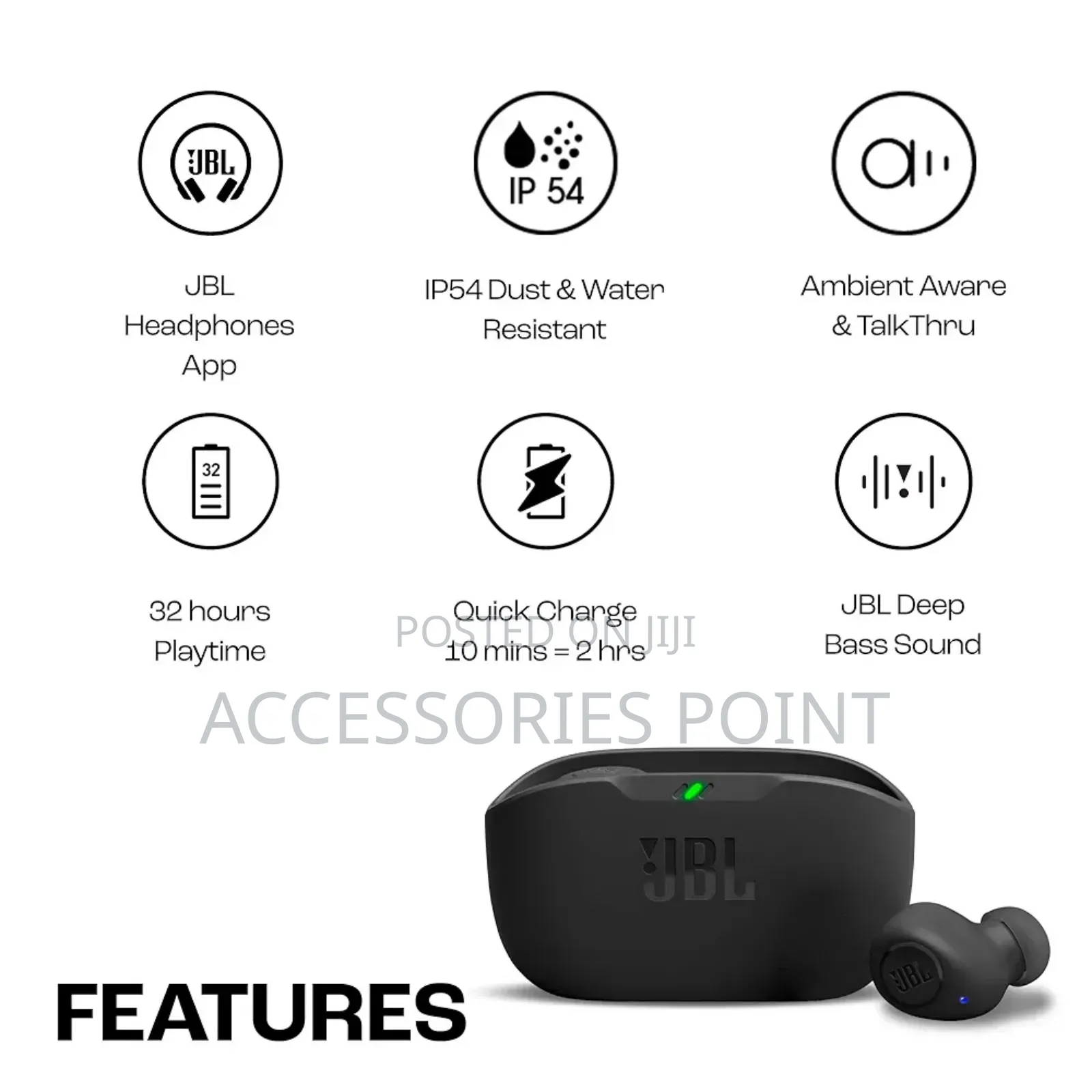 JBL Wave Buds Original, Waterproof, Deep Bass, 32hr Play (White,Beige)