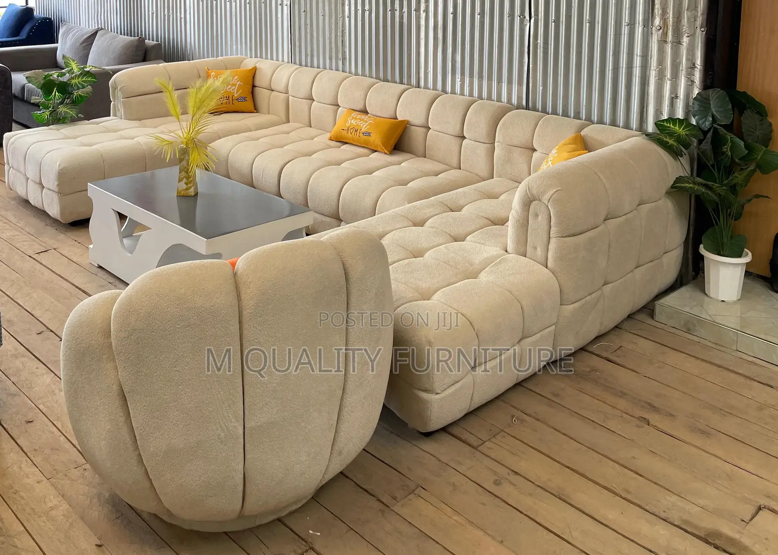 Cream 9 Seater U Shaped Sofa With Back Permanent