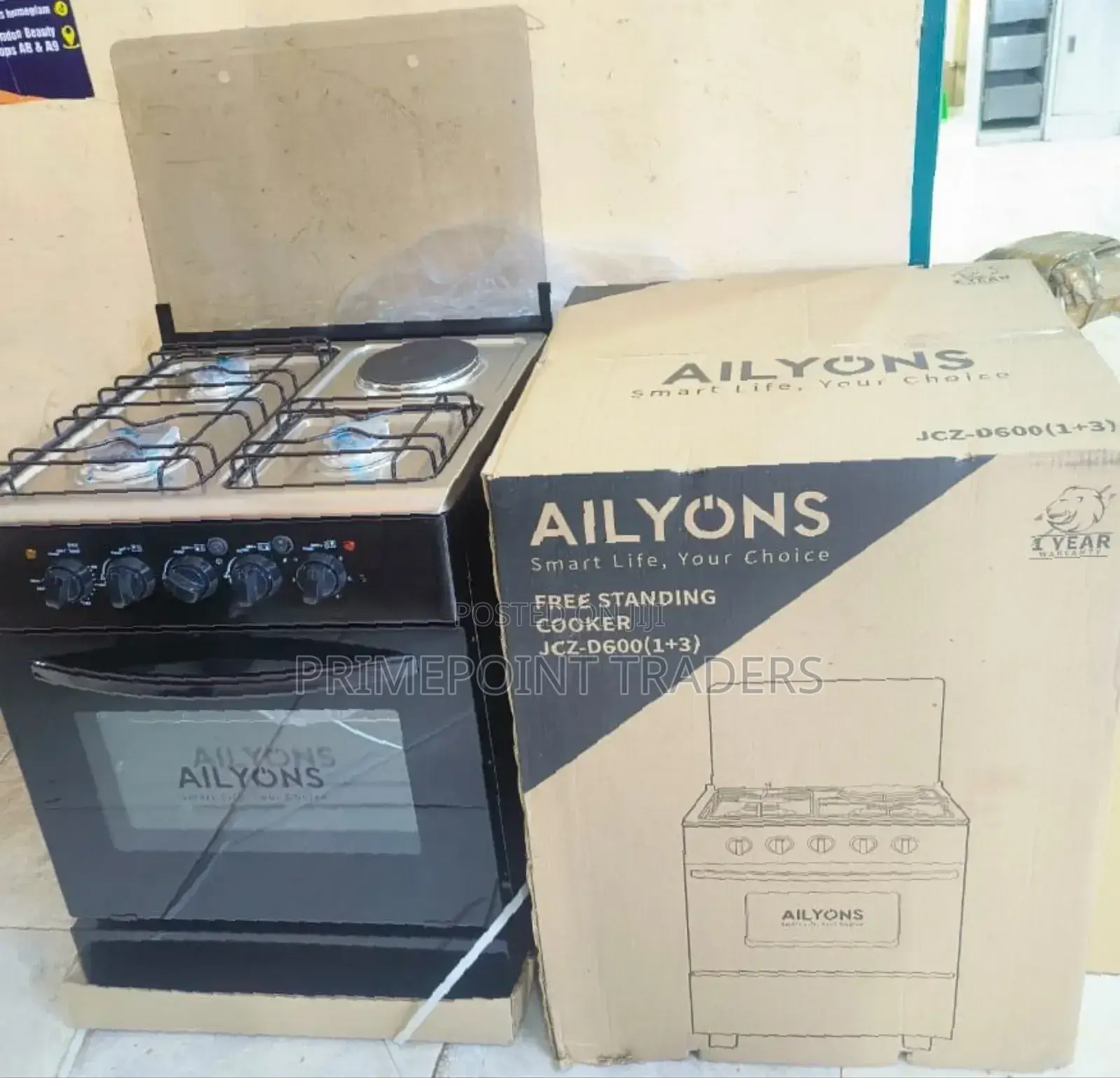 Ailyons, 50*55 Standing Gas Cooker- 3+1 (Top Glass Lid)
