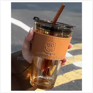 Glass Cups With Cover ,Straw and Leather Sleeve