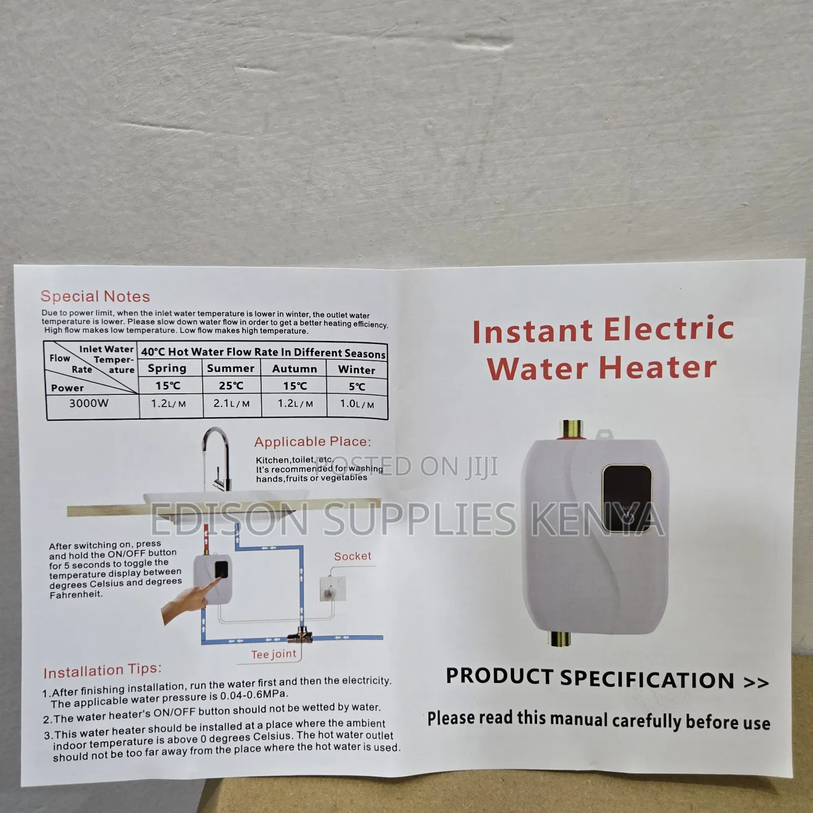 Instant Undersink Water Heater Tap Top Plug for Bathtub Salon Kitchen