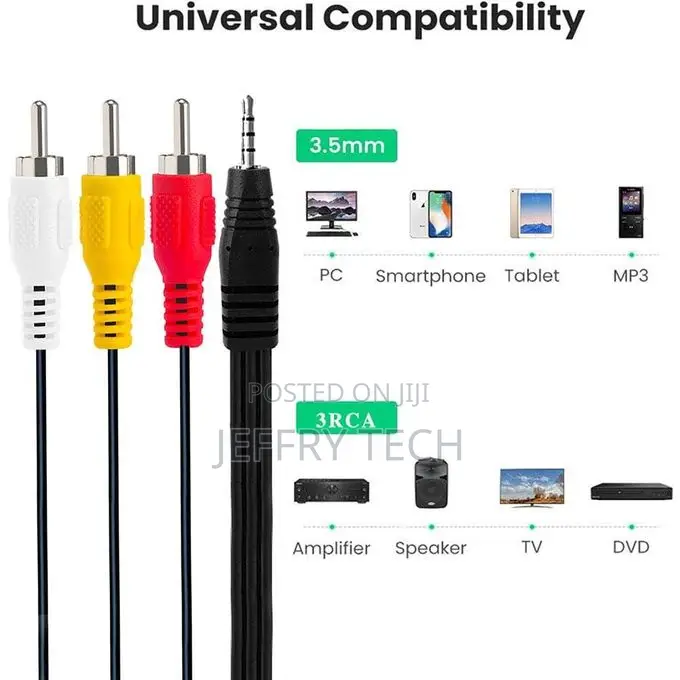 3.5mm Male to 3rca Male Auxiliary Audio Video Cable 1.5m