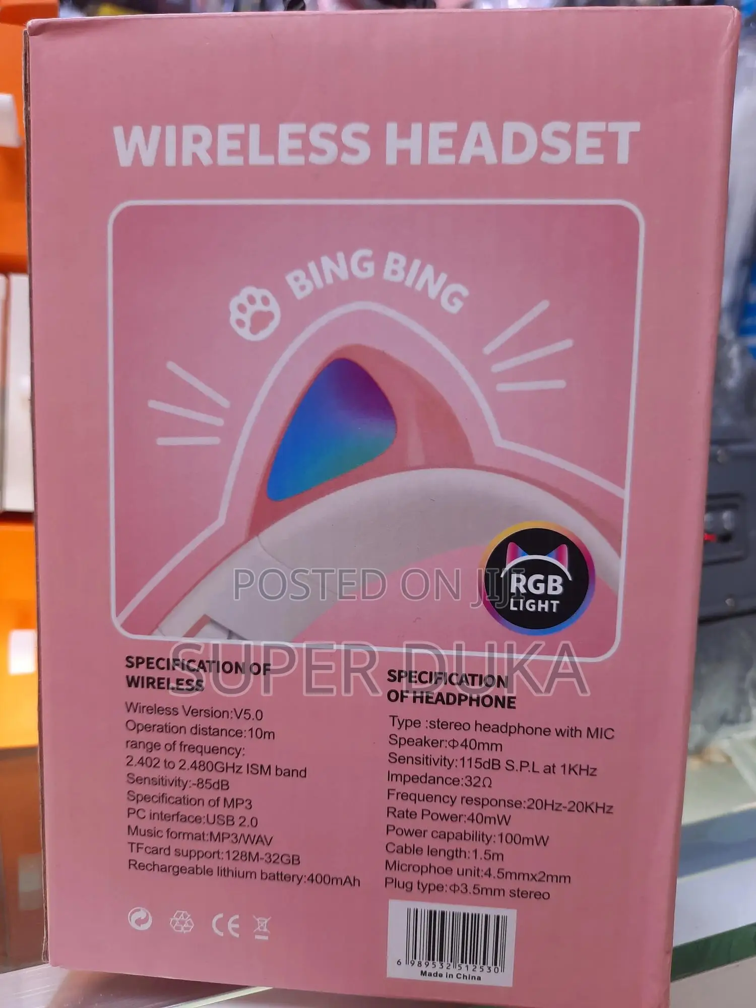 Headphones.Pink Kids RGB Led Cat Ears Bluetooth Headset