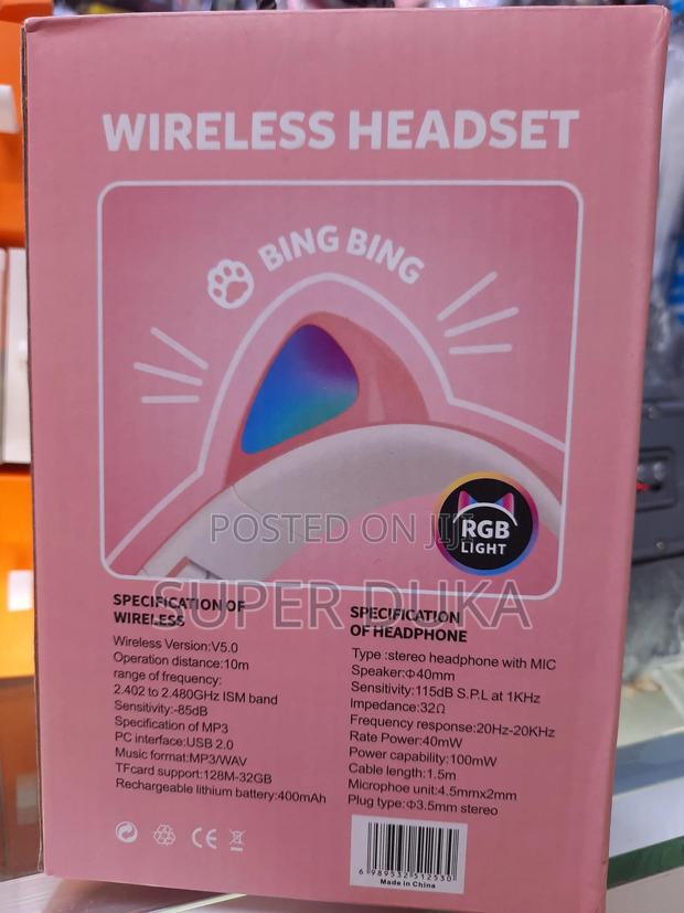 Headphones.Pink Kids RGB Led Cat Ears Bluetooth Headset