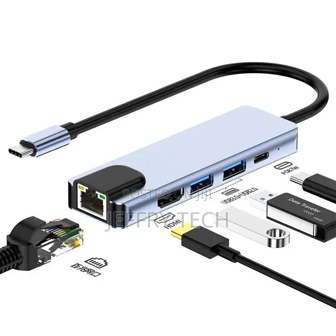 Usb-C to Rj45 Gigabit Hdmi Usb 3.0 Hub Adapter for 5 In