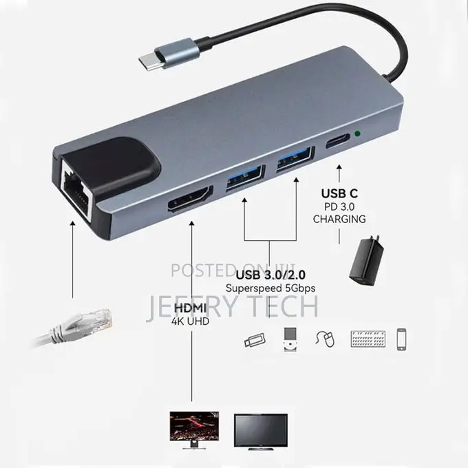 Usb-C to Rj45 Gigabit Hdmi Usb 3.0 Hub Adapter for 5 In