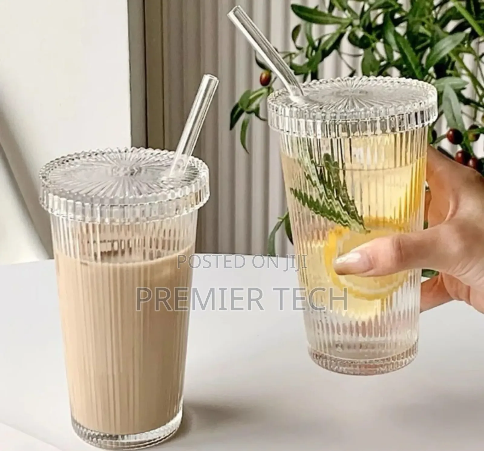 375ml Simple Stripe Glass Cup With Lid and Straw