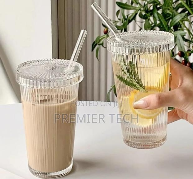 375ml Simple Stripe Glass Cup With Lid and Straw