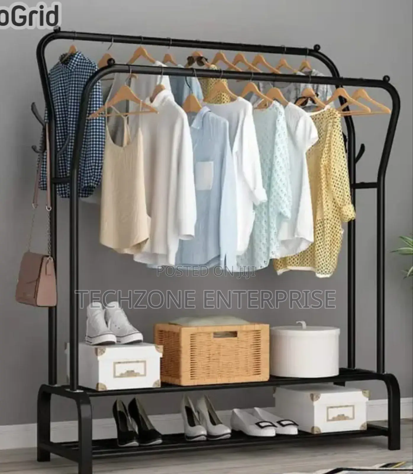 Double Pole Clothing Rack With Wheels and Shoe Rack