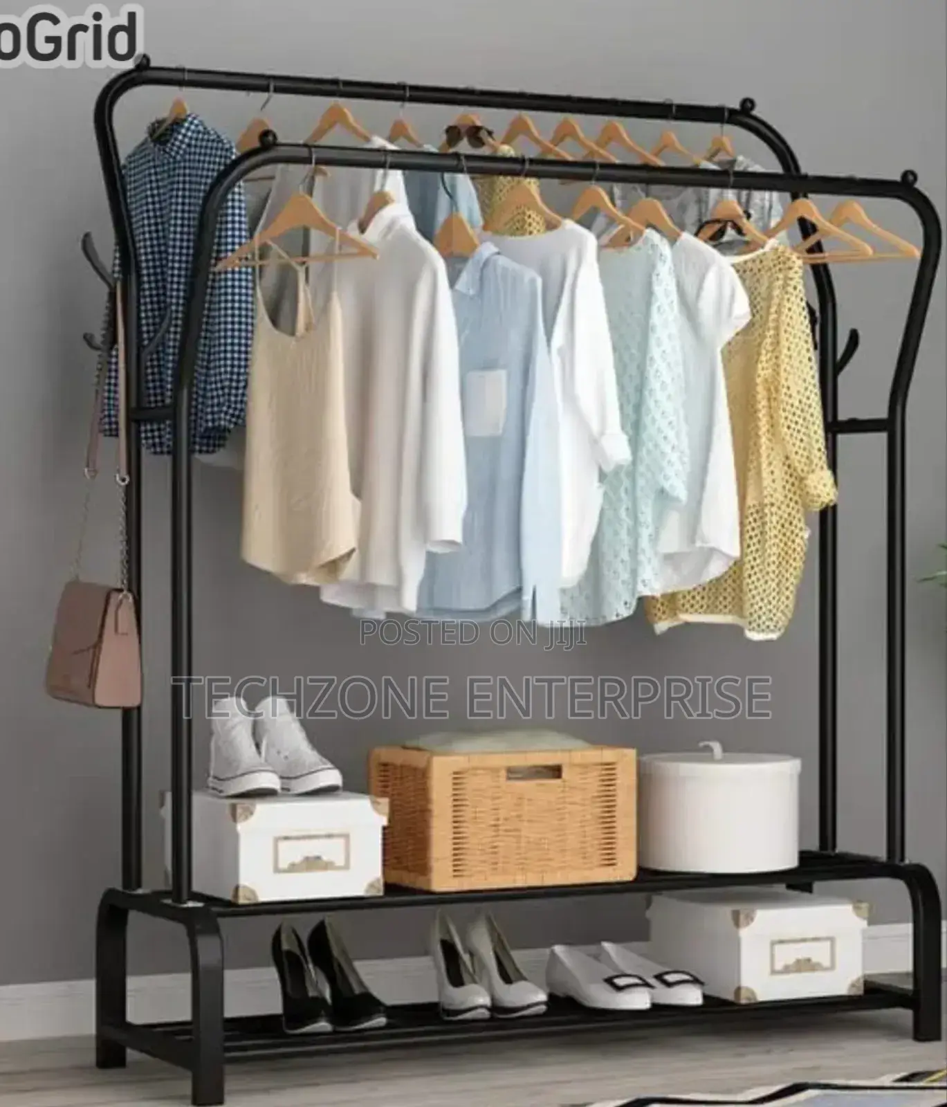 Double Pole Clothing Rack With Shoe Rack in Black and White,
