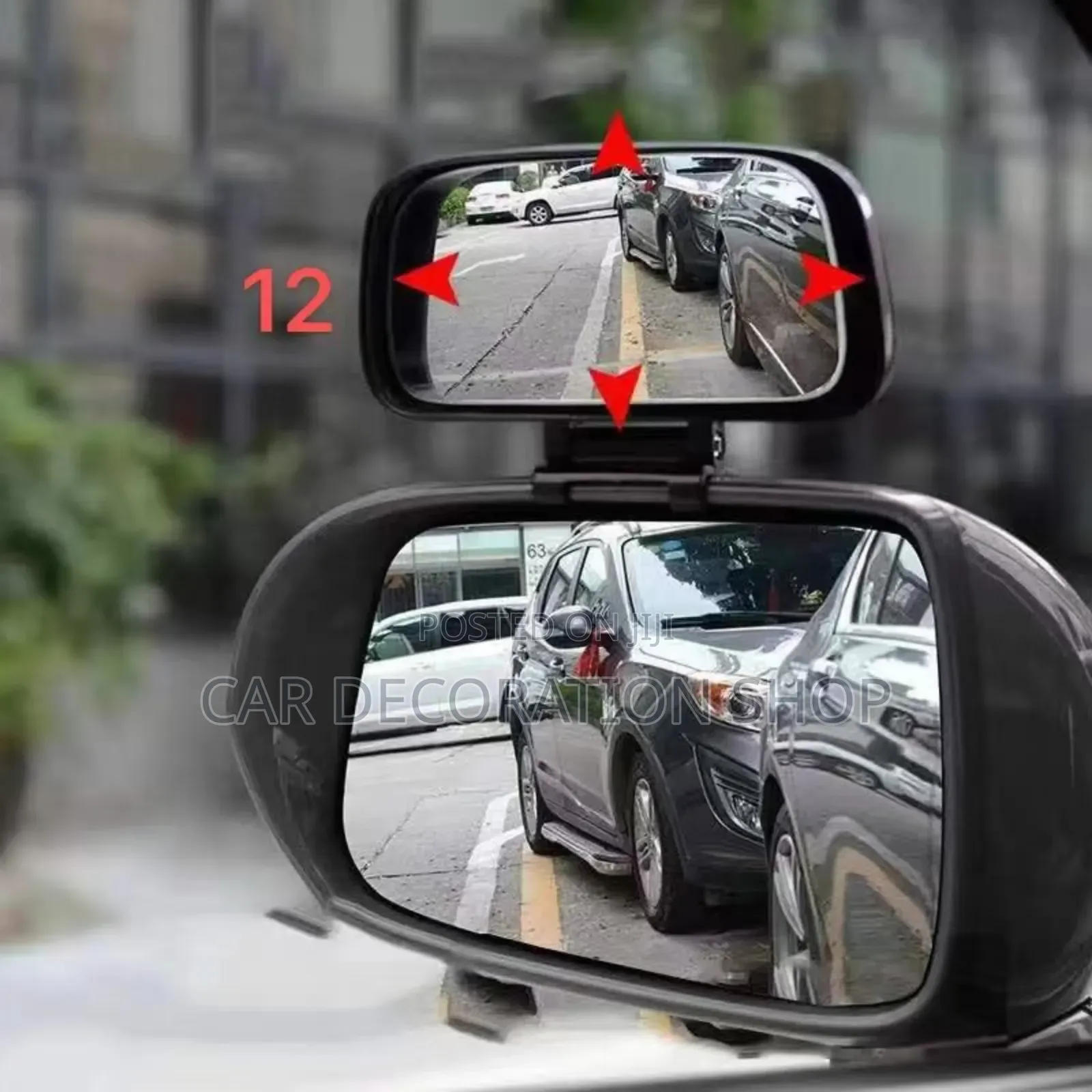 Wide Angle Viewing Mirror Clipped on Top of Side Mirror