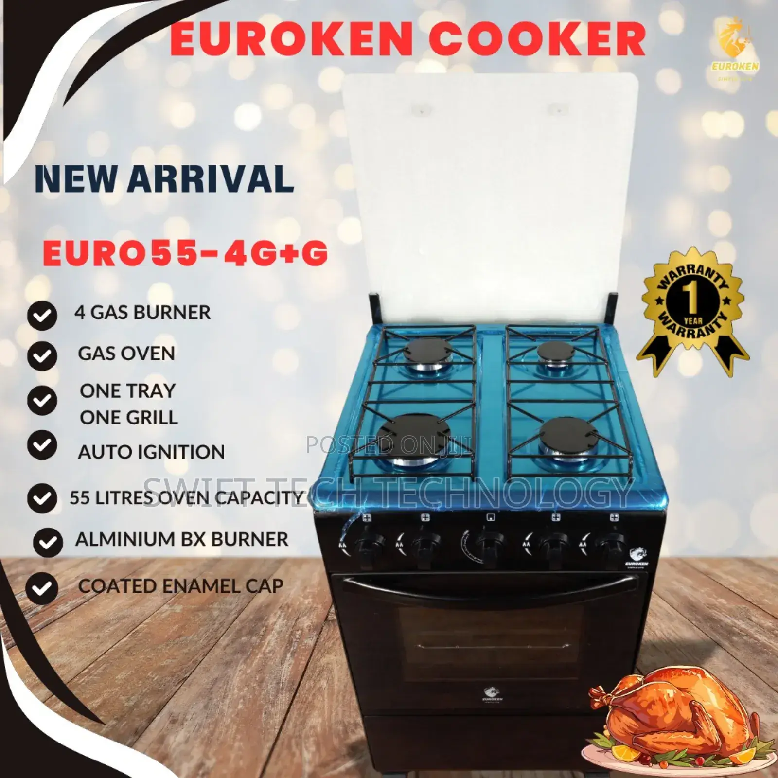 Full Euroken Standing Cooker With Gas Oven Cooker