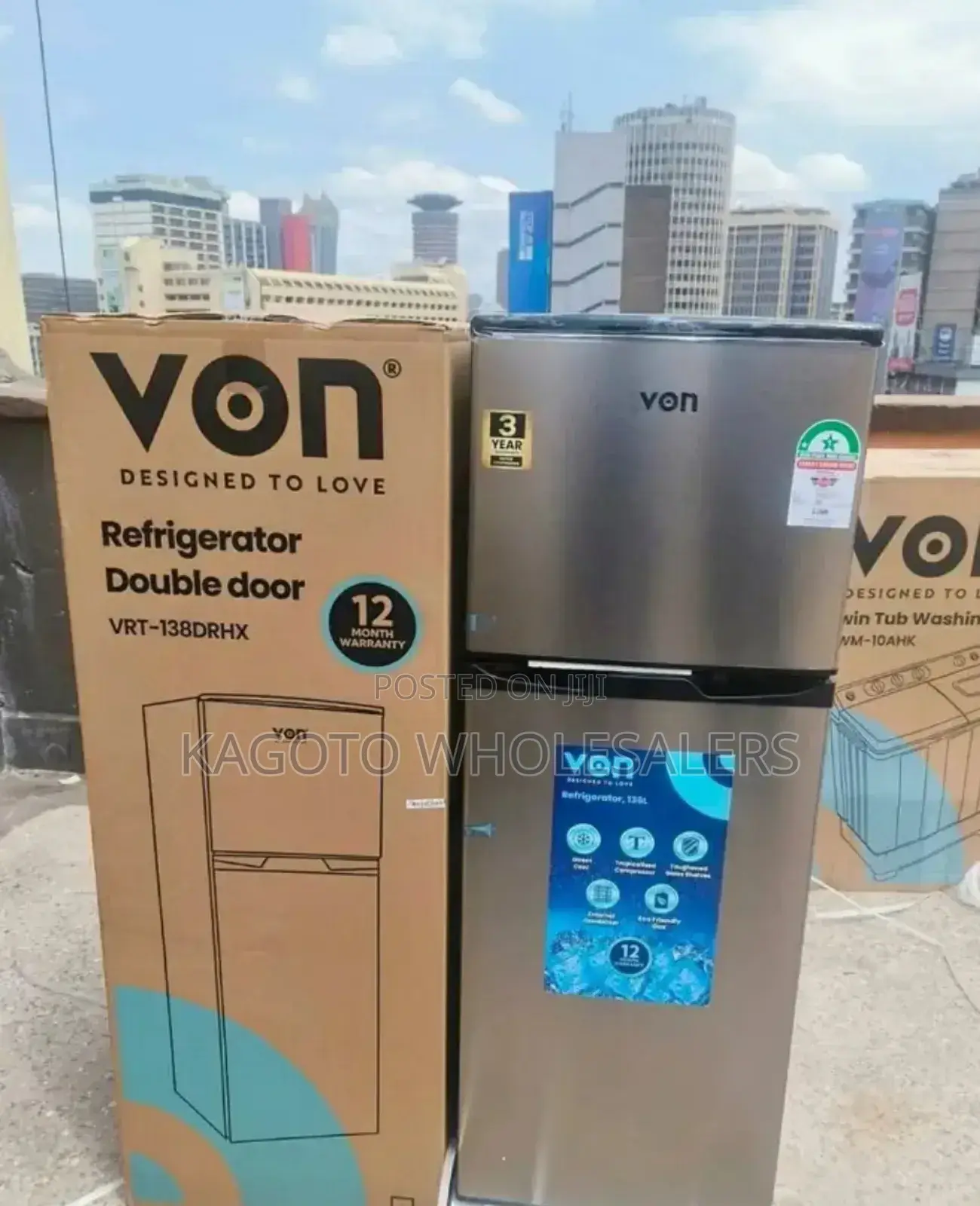 Von 138ltrs Double Door Refrigerator (Grey) VNF/138l