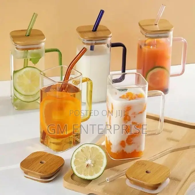 Square Smoothie Glass Cup With Bamboo Lid and Straw