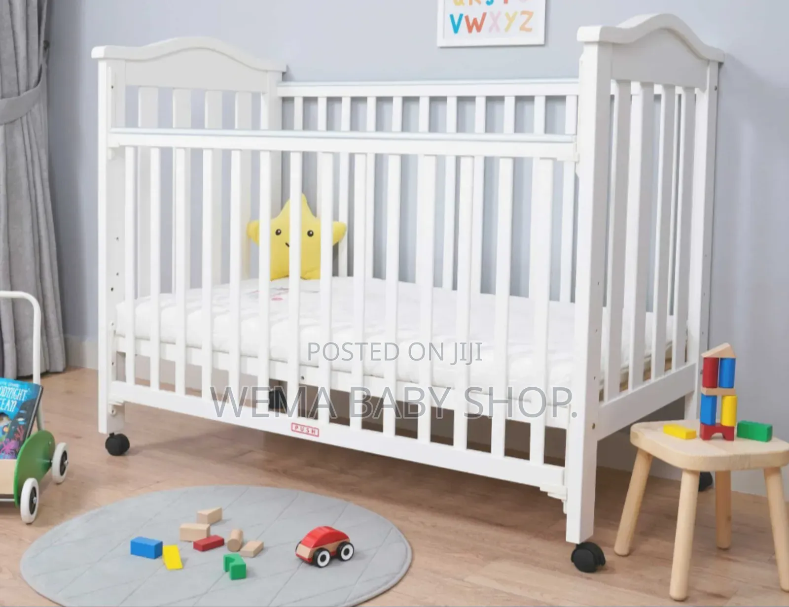 Wheeled Baby Crib/Cot With Mattress+Braided Bumpers+Stand M/Net