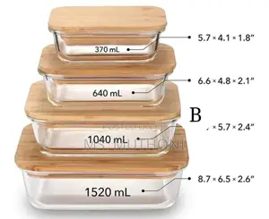 Set of 4 Rectangle Glass Containers With Bamboo Lids.