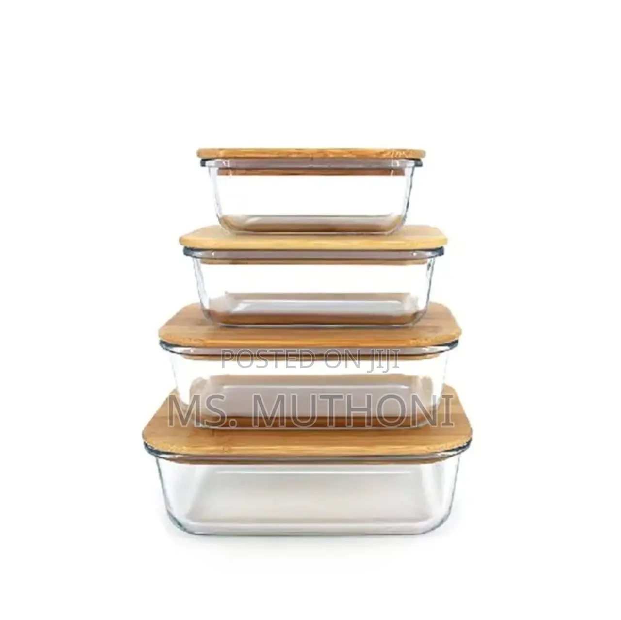 Set of 4 Rectangle Glass Containers With Bamboo Lids.