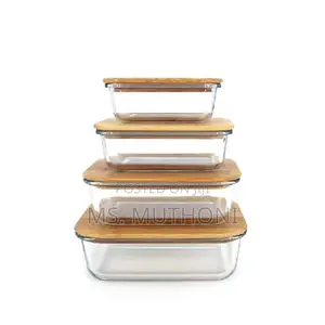 Set of 4 Rectangle Glass Containers With Bamboo Lids.