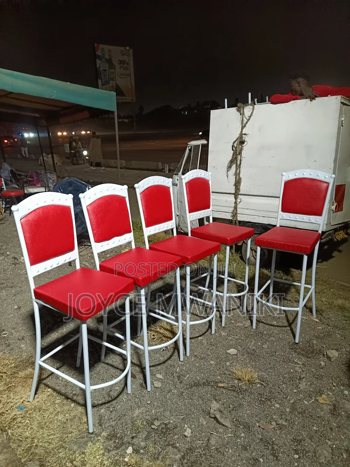 High Bar White Powder Coated Bar Chairs, Red 