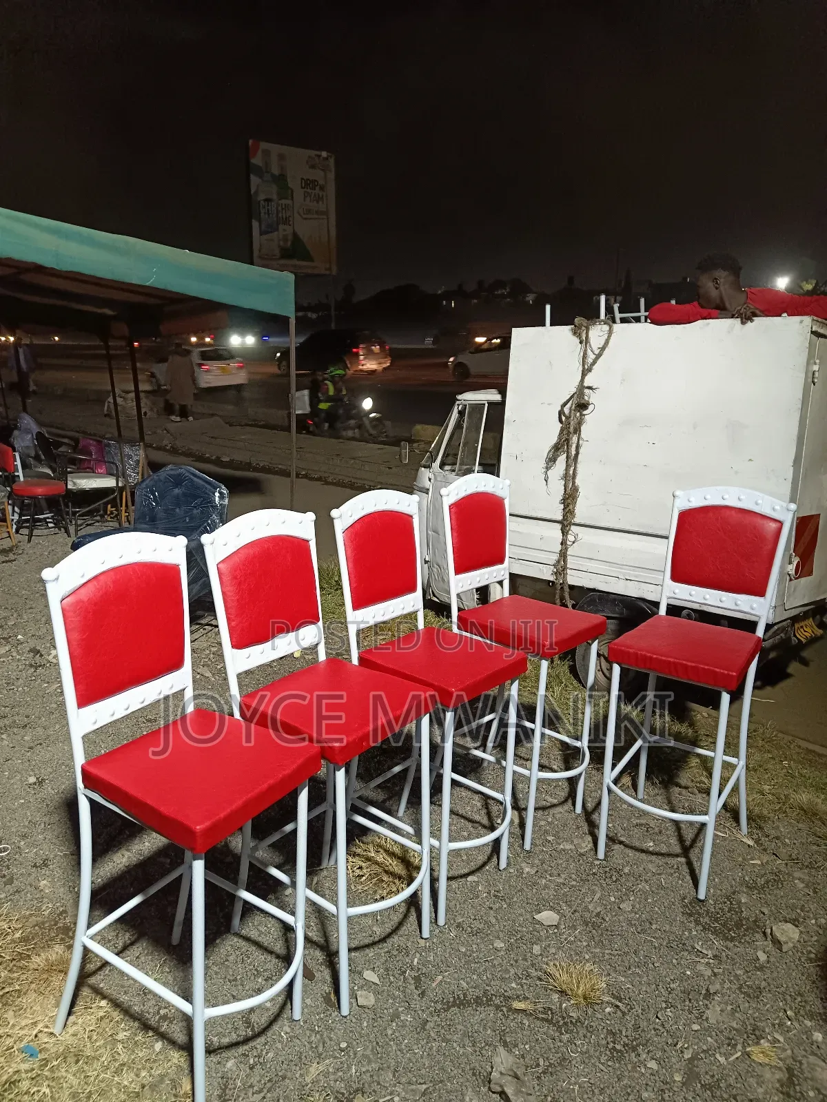 High Bar White Powder Coated Bar Chairs, Red 