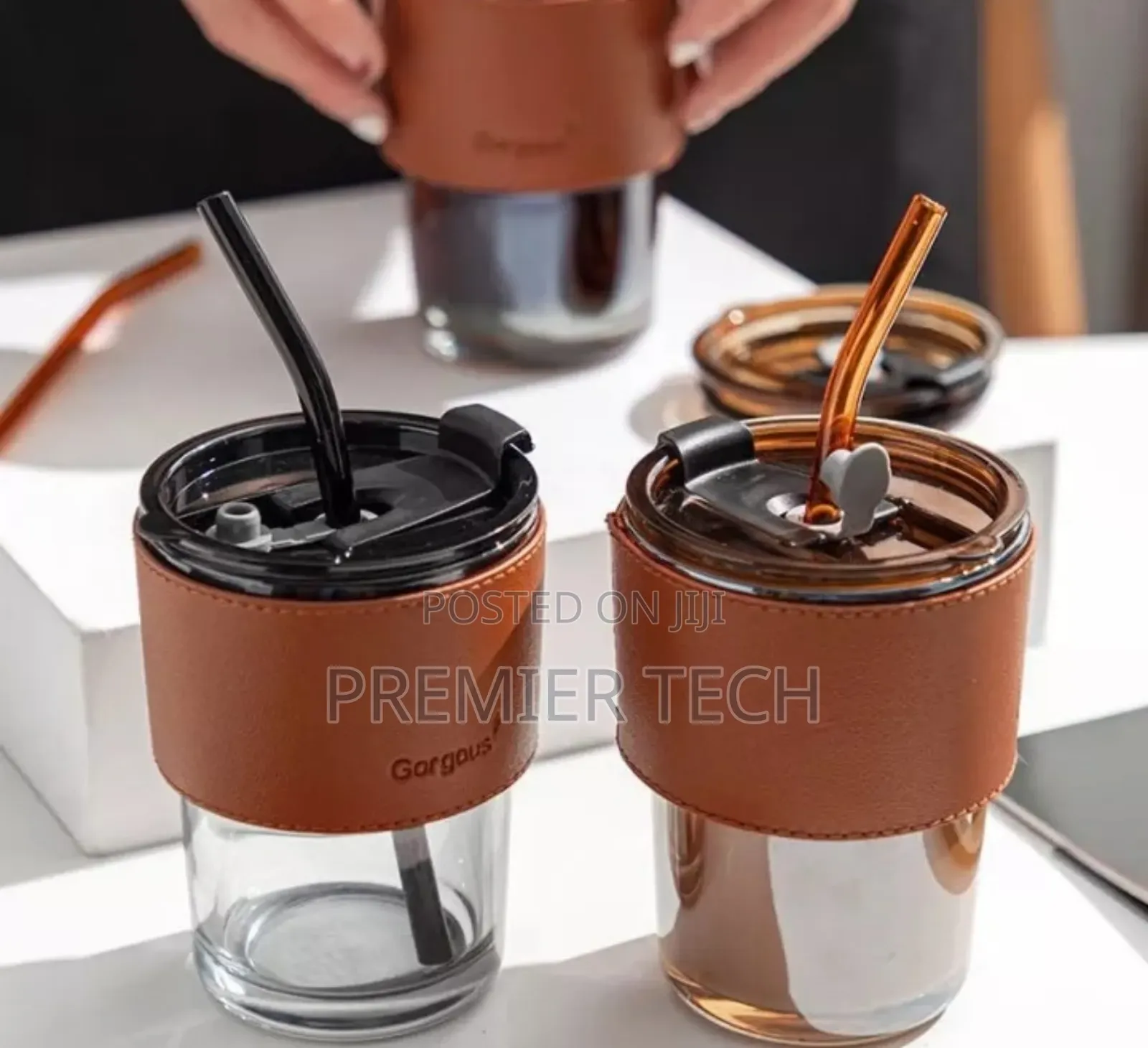 Gorgeous Slub Glass Smoothie Cup With Straw Leather Cover