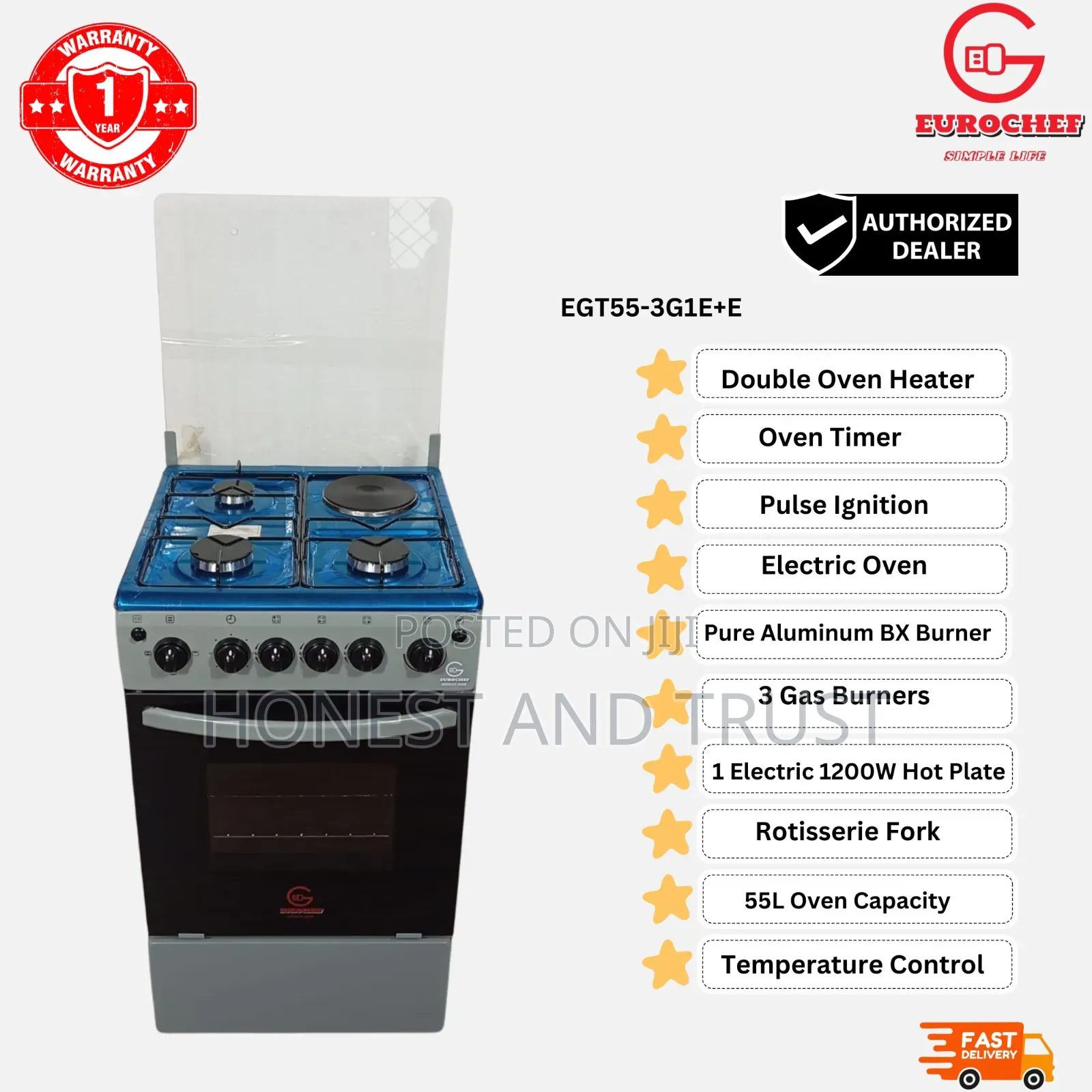 Eurochef Free Standing 3 Gas Burner Cooker