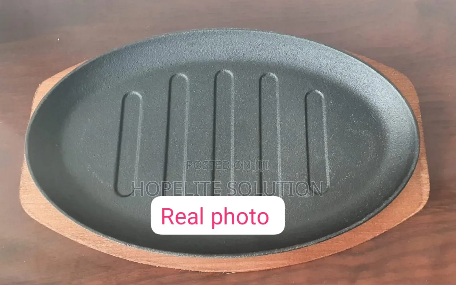 Cast Iron Hot Sizzling Plate on Wooden Tray