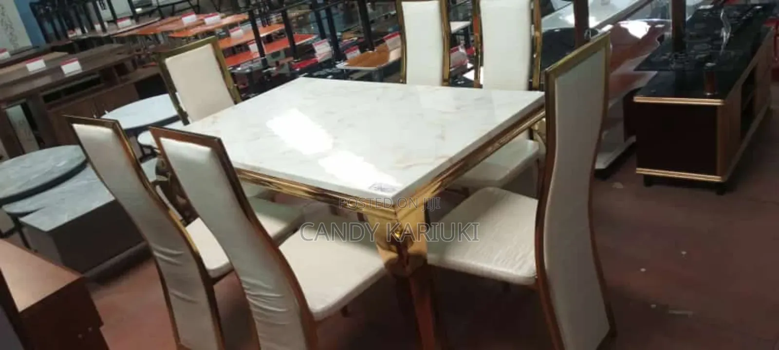 6 Seater Pure Marble Dining Table Set With Golden Frames