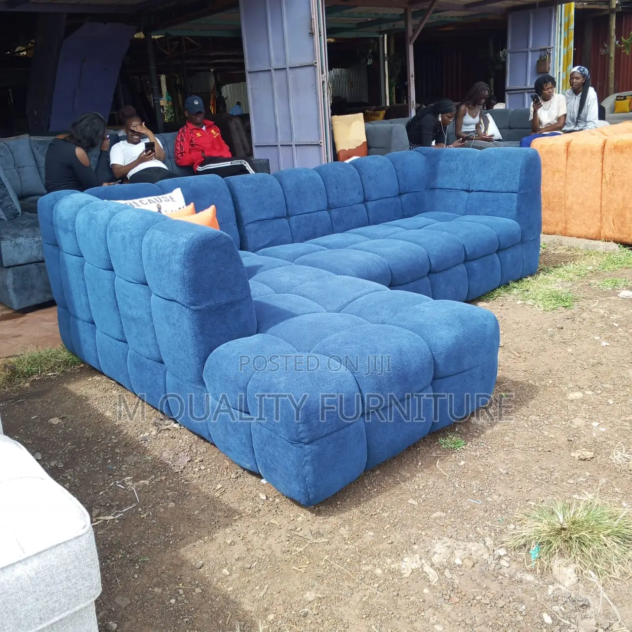 Blue 7 Seater Bubble Cornered Sofa