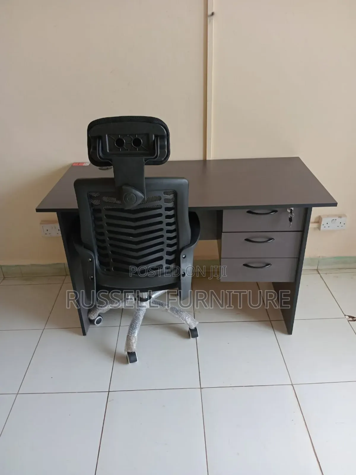 Dark Grey Study Table and Headrest Office Chair