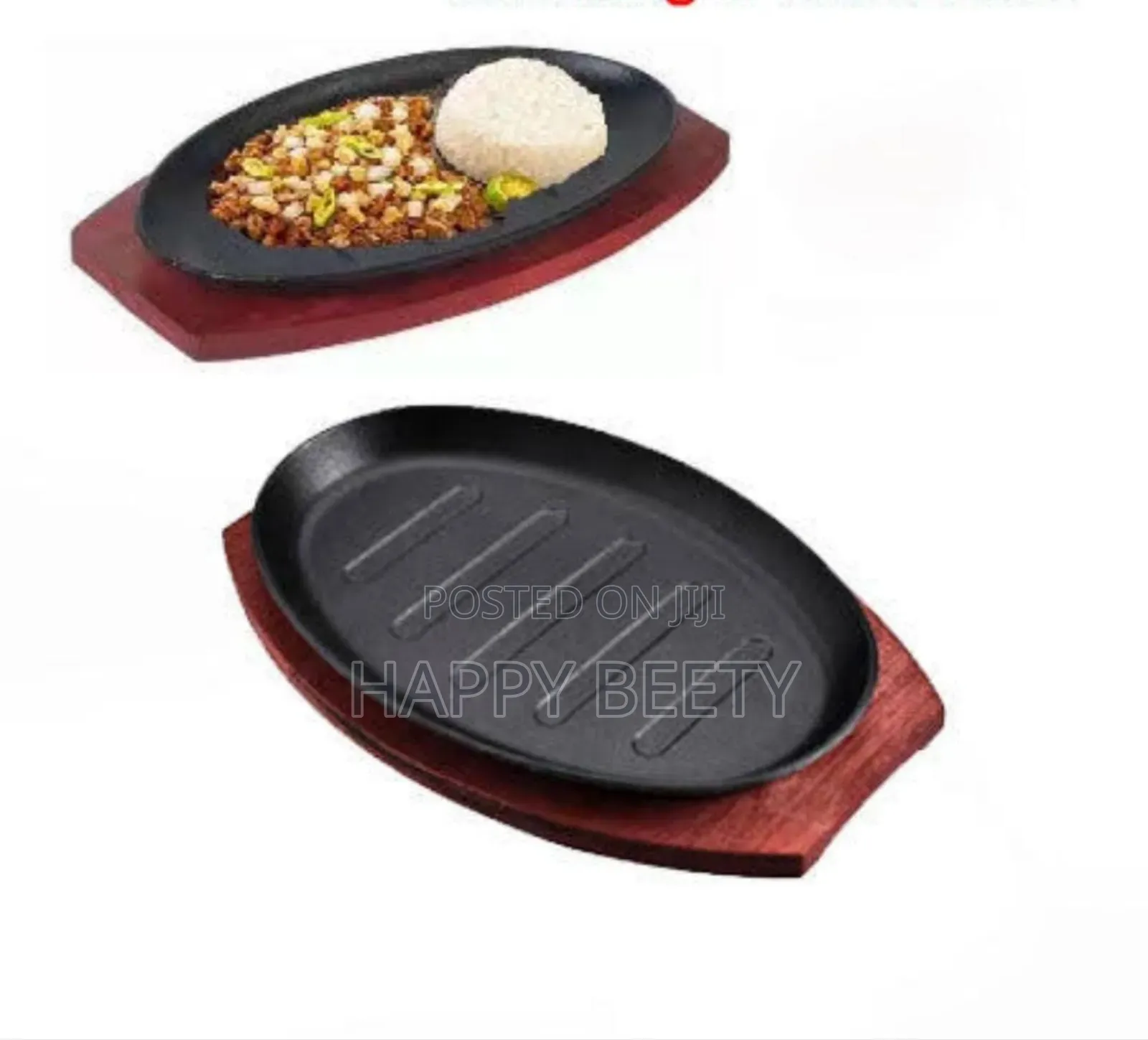 Cast Iron Hot Sizzling Plate on Wooden Tray