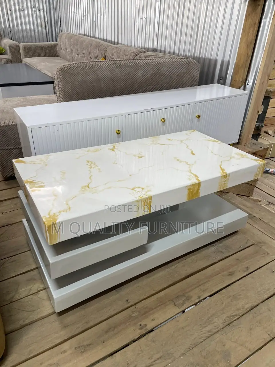 White Nesting Table With Golden Patterns on Tabletop